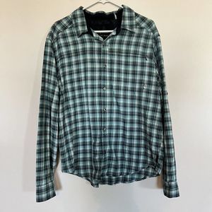 PrAna Long Sleeve Button Up Shirt Green Plaid Quick Dry Nylon Men’s Large Pocket